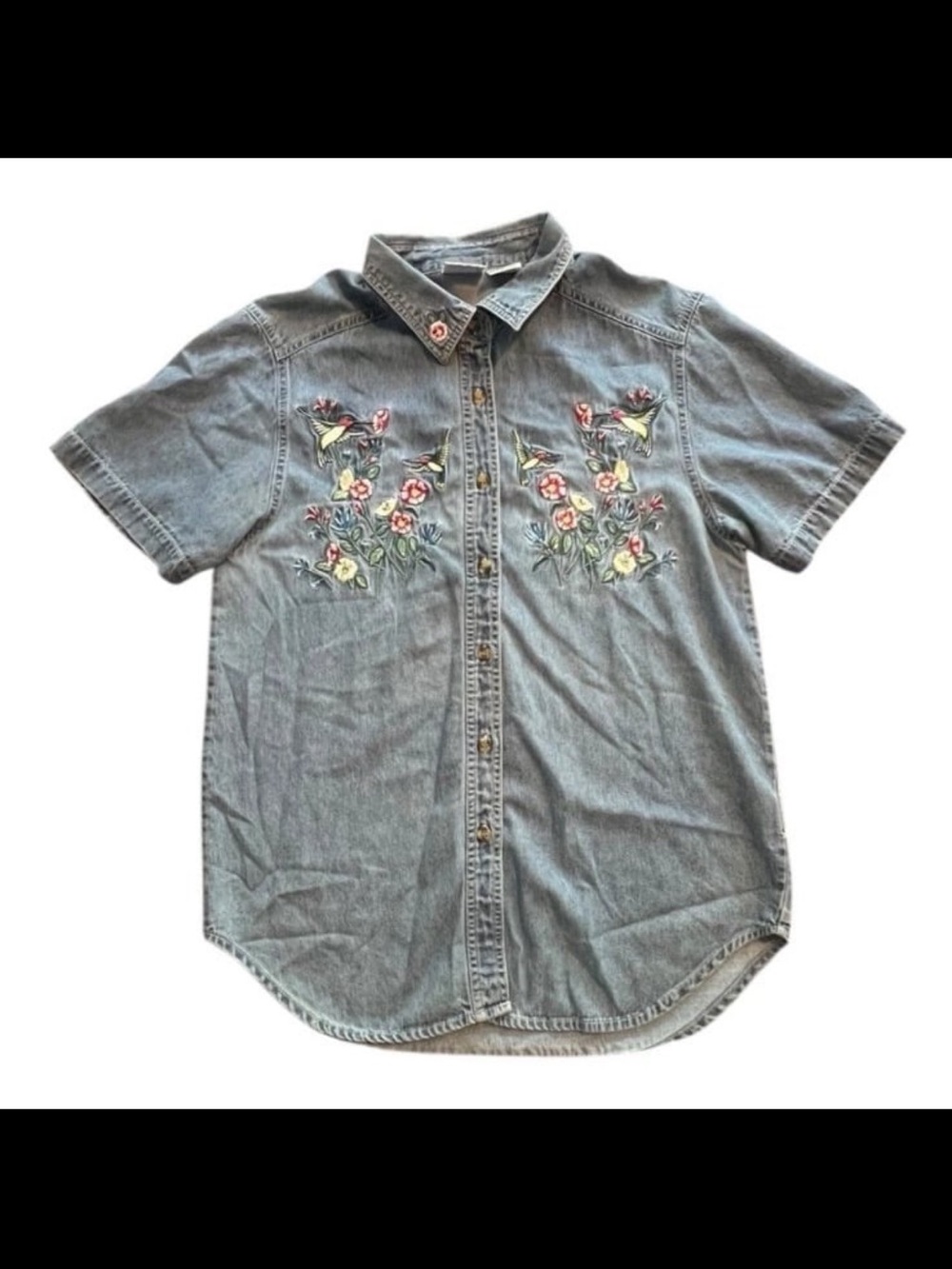 Vintage Bobbie Brooks '90s Denim Embroidered Floral Hummingbird Button Shirt M